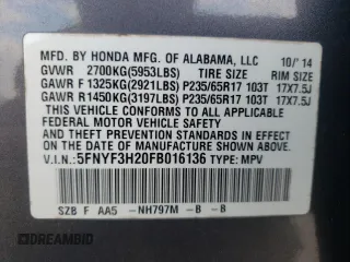 2015 Honda Pilot LX with VIN 5FNYF3H20FB016136, listed as a Copart auction lot 50865055 with 111,069 mi miles and Clean Title. Bid and sale history available at carsss.com. Image 16.