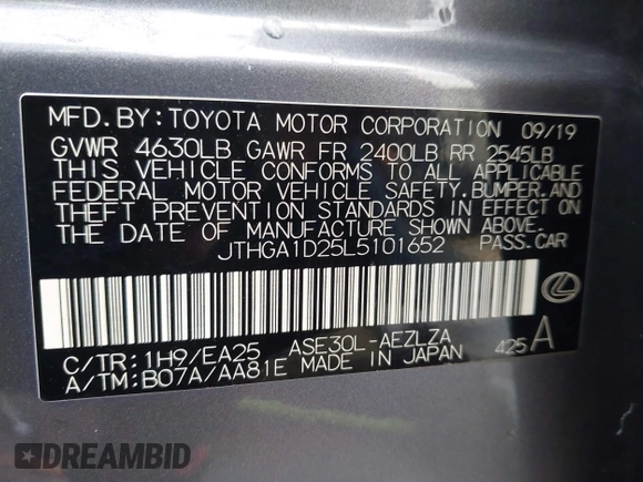 2020 Lexus IS 300 F Sport with VIN JTHGA1D25L5101652, listed as a IAAI auction lot 42360877 with 32,540 mi miles and . Bid and sale history available at DreamBid. Image 9.