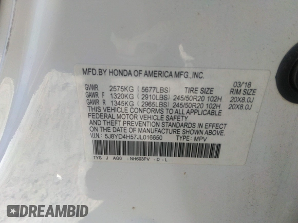 2018 Acura MDX w/Technology Pkg with VIN 5J8YD4H57JL016650, listed as a IAAI auction lot 40979704 with 82,980 mi miles. Bid and sale history available at carsss.com. Image 9.