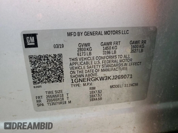 2019 Chevrolet Traverse LT Cloth with VIN 1GNERGKW3KJ269071, listed as a Copart auction lot 61063245 with 155,058 mi miles and Salvage title. Bid and sale history available at DreamBid. Image 14.