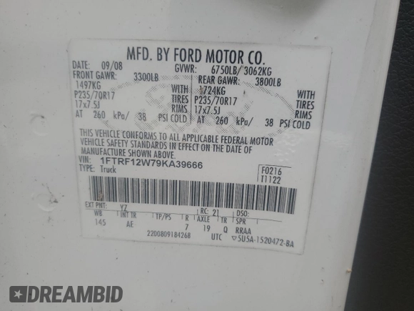 2009 Ford F-150 XL with VIN 1FTRF12W79KA39666, listed as a Copart auction lot 85530274 with Not Provided miles and Non Repairable. Bid and sale history available at carsss.com. Image 12.