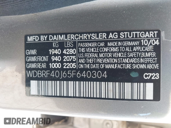 2005 Mercedes-Benz C 230 Kompressor with VIN WDBRF40J65F640304, listed as a IAAI auction lot 41331344 with 126,574 mi miles and . Bid and sale history available at DreamBid. Image 9.