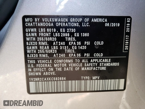 2019 Volkswagen Atlas SEL Premium with VIN 1V2NR2CAXKC582684, listed as a Copart auction lot 83217524 with 127,821 mi miles and Salvage title. Bid and sale history available at DreamBid. Image 15.