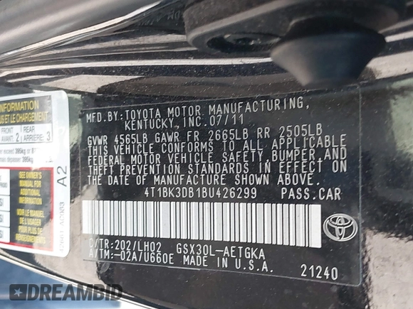 2011 Toyota Avalon with VIN 4T1BK3DB1BU426299, listed as a IAAI auction lot 41703884 with 141,950 mi miles and . Bid and sale history available at DreamBid. Image 9.