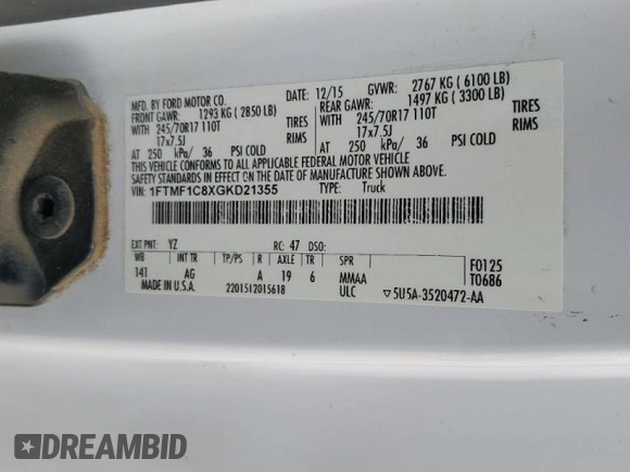 2016 Ford F-150 XL with VIN 1FTMF1C8XGKD21355, listed as a Copart auction lot 45011875 with 251,182 mi miles and Salvage Title. Bid and sale history available at carsss.com. Image 12.