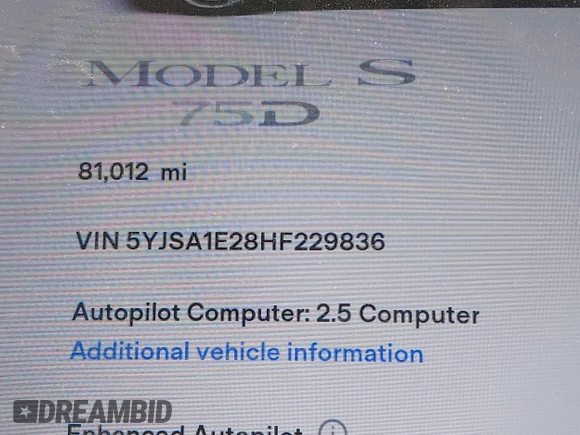 2017 Tesla Model S 100D z VIN 5YJSA1E28HF229836, wystawiony jako IAAI lot #42011901 z przebiegiem 81 012 mil mil oraz . Historia ofert i sprzedaży dostępna na DreamBid. Obrazek 16.