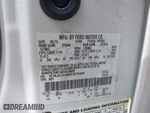 2010 Ford Expedition Max Limited with VIN 1FMJK1K59AEB70466, listed as a IAAI auction lot 41768011 with 208,089 mi miles and . Bid and sale history available at DreamBid. Image 9.