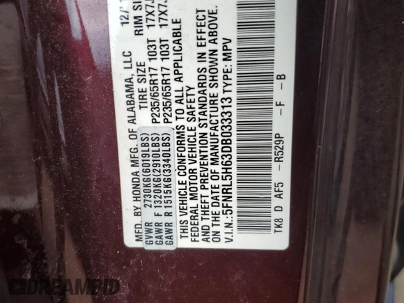 2013 Honda Odyssey EX-L with VIN 5FNRL5H63DB033313, listed as a Copart auction lot 64326065 with Not provided miles and Clean title. Bid and sale history available at DreamBid. Image 13.