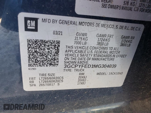 2021 Chevrolet Silverado 1500 LT Trail Boss with VIN 3GCPYFED1MG304039, listed as a Copart auction lot 53275365 with 47,271 mi miles and Salvage Title. Bid and sale history available at DreamBid. Image 12.