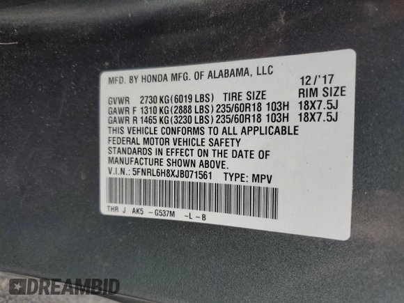 2018 Honda Odyssey Touring with VIN 5FNRL6H8XJB071561, listed as a Copart auction lot 51842215 with 63,828 mi miles and Salvage Title. Bid and sale history available at carsss.com. Image 14.