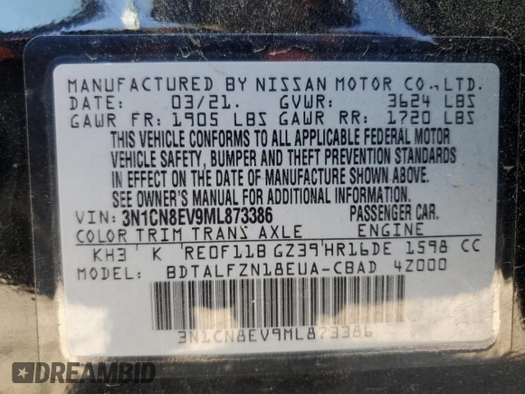 2021 Nissan Versa SV with VIN 3N1CN8EV9ML873386, listed as a Copart auction lot 53281305 with 61,140 mi miles and Salvage Title. Bid and sale history available at DreamBid. Image 12.