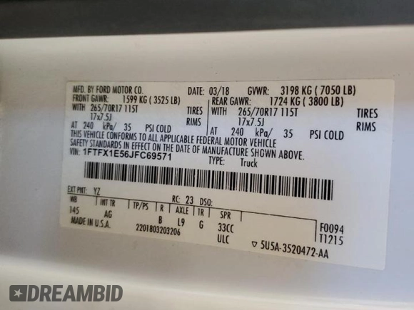 2018 Ford F-150 XL with VIN 1FTFX1E56JFC69571, listed as a Copart auction lot 45755715 with 156,830 mi miles and Salvage title. Bid and sale history available at DreamBid. Image 12.