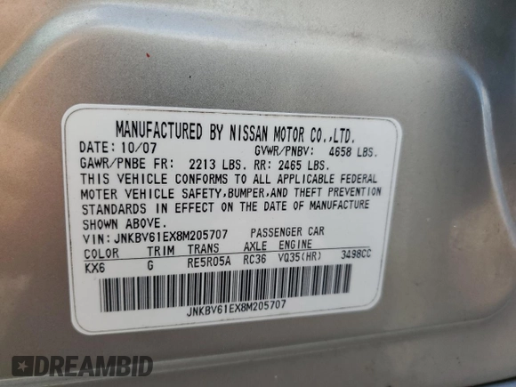 2008 Infiniti G35 with VIN JNKBV61EX8M205707, listed as a Copart auction lot 85795424 with Not Provided miles and Clean Title. Bid and sale history available at DreamBid. Image 12.