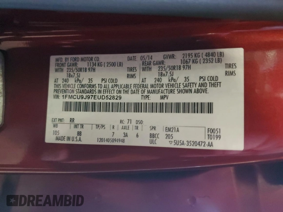 2014 Ford Escape Titanium with VIN 1FMCU9J97EUD52829, listed as a Copart auction lot 55025015 with 180,442 mi miles and Clean Title. Bid and sale history available at carsss.com. Image 13.