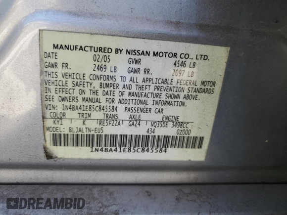 2005 Nissan Maxima 3.5 SE with VIN 1N4BA41E85C845584, listed as a Copart auction lot 72736914 with 211,531 mi miles and Salvage Title. Bid and sale history available at carsss.com. Image 14.