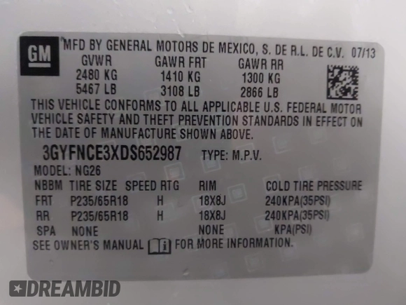 2013 Cadillac SRX Luxury Collection with VIN 3GYFNCE3XDS652987, listed as a IAAI auction lot 40955236 with 119,517 mi miles. Bid and sale history available at carsss.com. Image 9.