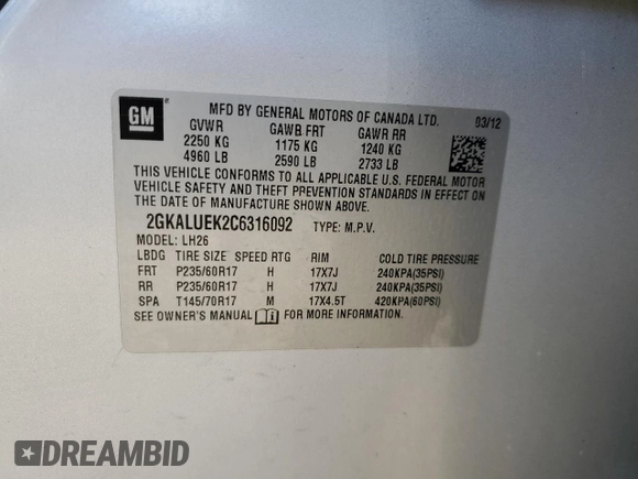 2012 GMC Terrain SLT-1 with VIN 2GKALUEK2C6316092, listed as a Copart auction lot 50705335 with 143,958 mi miles and Salvage Title. Bid and sale history available at carsss.com. Image 13.