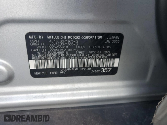 2020 Mitsubishi Outlander Sport SE 2.0 with VIN JA4AP4AU6LU022889, listed as a Copart auction lot 88960705 with 88,775 mi miles and Salvage Title. Bid and sale history available at carsss.com. Image 15.
