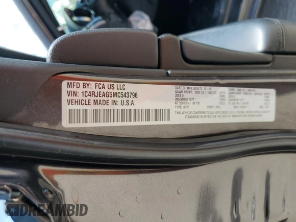 2021 Jeep Grand Cherokee Laredo E with VIN 1C4RJEAG5MC543796, listed as a Copart auction lot 53106015 with 69,193 mi miles and Salvage title. Bid and sale history available at DreamBid. Image 15.