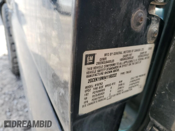 2004 Chevrolet Silverado SS z VIN 2GCEK19N641160222, wystawiony jako Copart lot #53939924 z przebiegiem Nie podano mil oraz Szkoda całkowita • Salvage title. Historia ofert i sprzedaży dostępna na DreamBid. Obrazek 14.