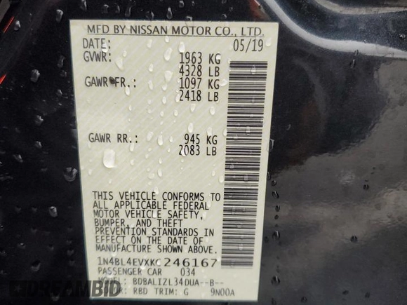 2019 Nissan Altima SL with VIN 1N4BL4EVXKC246167, listed as a Copart auction lot 48522325 with 92,273 mi miles and Salvage Title. Bid and sale history available at DreamBid. Image 14.