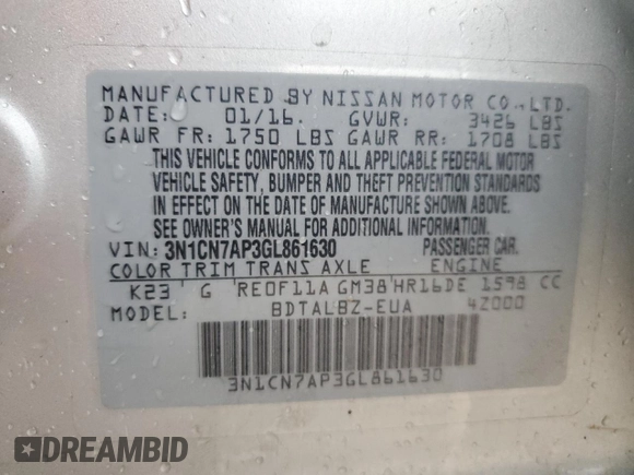 2016 Nissan Versa SV with VIN 3N1CN7AP3GL861630, listed as a Copart auction lot 56361815 with 107,845 mi miles and Salvage title. Bid and sale history available at DreamBid. Image 12.