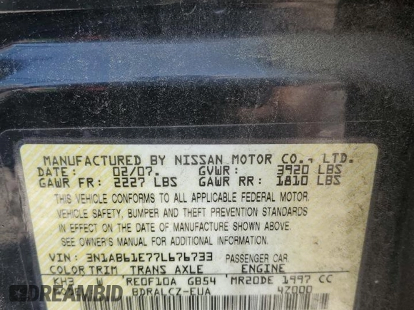 2007 Nissan Sentra 2.0 with VIN 3N1AB61E77L676733, listed as a Copart auction lot 58058295 with 203,845 mi miles and Salvage title. Bid and sale history available at DreamBid. Image 12.