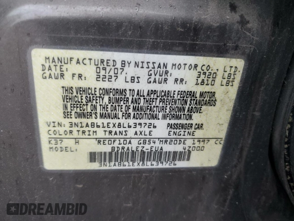 2008 Nissan Sentra S with VIN 3N1AB61EX8L639726, listed as a Copart auction lot 62046685 with 144,810 mi miles and Clean title. Bid and sale history available at DreamBid. Image 12.