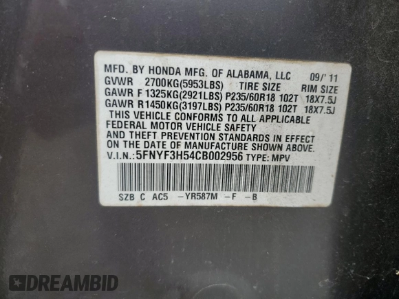 2012 Honda Pilot EX-L with VIN 5FNYF3H54CB002956, listed as a Copart auction lot 42767445 with 161,942 mi miles and Salvage Title. Bid and sale history available at carsss.com. Image 14.