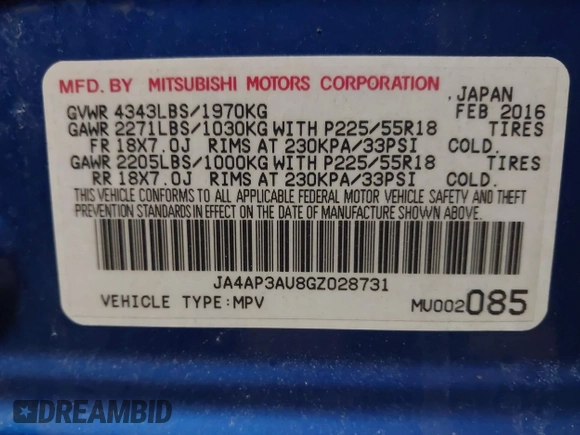 2016 Mitsubishi Outlander Sport 2.0 ES with VIN JA4AP3AU8GZ028731, listed as a IAAI auction lot 41509686 with 142,112 mi miles. Bid and sale history available at carsss.com. Image 9.