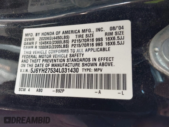 2004 Honda Element EX with VIN 5J6YH27534L031430, listed as a IAAI auction lot 42203307 with 139,484 mi miles and . Bid and sale history available at DreamBid. Image 9.