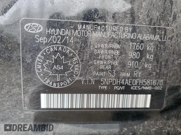 2015 Hyundai Elantra SE with VIN 5NPDH4AE0FH581670, listed as a Copart auction lot 53033405 with 151,470 mi miles and Clean Title. Bid and sale history available at DreamBid. Image 12.
