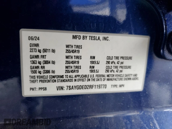 2024 Tesla Model Y с VIN 7SAYGDED2RF119770, выставлен на аукционе Copart как лот 53520875 с пробегом 6 712 миль миль и Списание • Salvage title. История ставок и продаж доступна на DreamBid. Изображение 13.