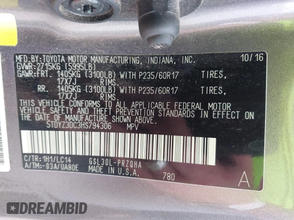2017 Toyota Sienna XLE Auto Access Seat with VIN 5TDYZ3DC3HS794306, listed as a IAAI auction lot 42270099 with 130,829 mi miles and . Bid and sale history available at DreamBid. Image 9.