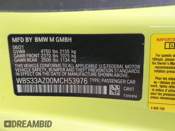 2021 BMW M4 Competition z VIN WBS33AZ00MCH53976, wystawiony jako IAAI lot #41831507 z przebiegiem Nie podano mil oraz . Historia ofert i sprzedaży dostępna na DreamBid. Obrazek 9.