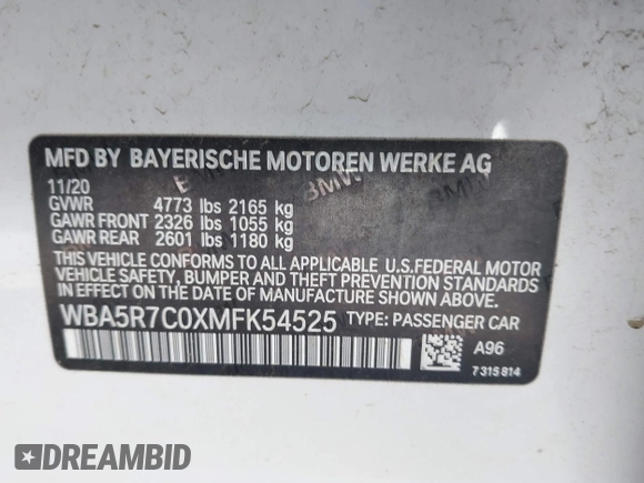 2021 BMW 3 Series 330i xDrive with VIN WBA5R7C0XMFK54525, listed as a IAAI auction lot 42320181 with 54,576 mi miles and . Bid and sale history available at DreamBid. Image 9.
