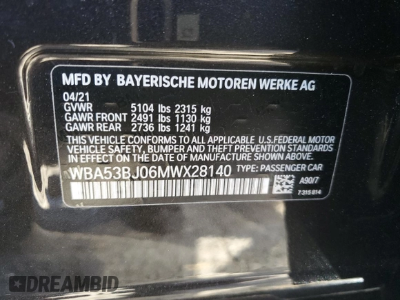 2021 BMW 5 Series 540i with VIN WBA53BJ06MWX28140, listed as a Copart auction lot 43369545 with 19,694 mi miles and Non Repairable. Bid and sale history available at DreamBid. Image 12.
