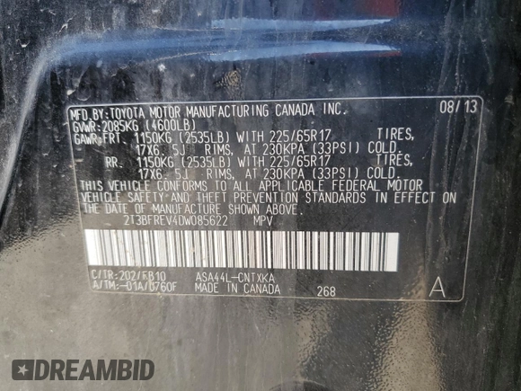 2013 Toyota RAV4 LE with VIN 2T3BFREV4DW085622, listed as a Copart auction lot 57267855 with 209,873 mi miles and Salvage title. Bid and sale history available at DreamBid. Image 13.