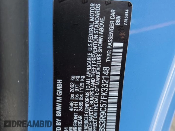2015 BMW M4 with VIN WBS3R9C57FK332148, listed as a Copart auction lot 64934594 with 72,669 mi miles and Salvage Title. Bid and sale history available at carsss.com. Image 12.
