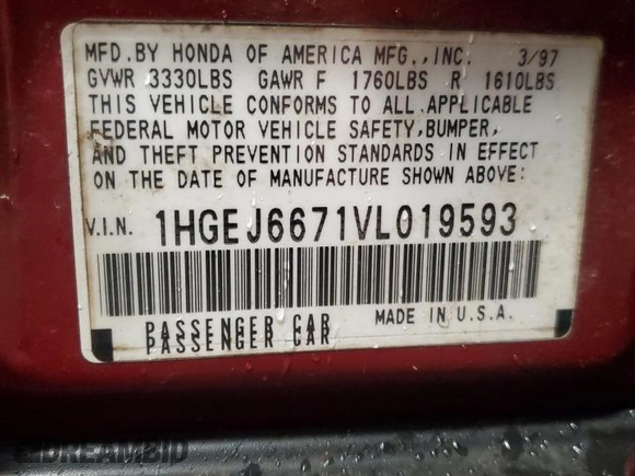 1997 Honda Civic LX with VIN 1HGEJ6671VL019593, listed as a Copart auction lot 49381625 with 252,245 mi miles and Salvage Title. Bid and sale history available at carsss.com. Image 13.
