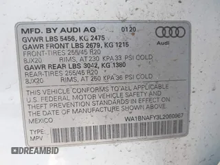 2020 Audi Q5 Premium Plus with VIN WA1BNAFY3L2060967, listed as a IAAI auction lot 41344576 with 74,755 mi miles. Bid and sale history available at carsss.com. Image 9.