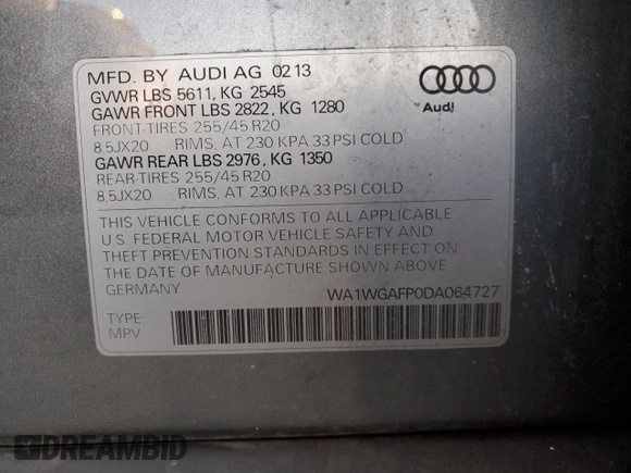 2013 Audi Q5 Prestige with VIN WA1WGAFP0DA064727, listed as a Copart auction lot 42416085 with 122,064 mi miles and Salvage title. Bid and sale history available at DreamBid. Image 13.
