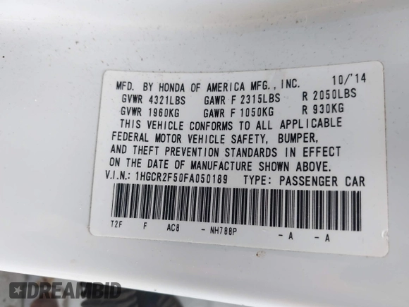 2015 Honda Accord Sport with VIN 1HGCR2F50FA050189, listed as a IAAI auction lot 42079584 with 107,664 mi miles and . Bid and sale history available at DreamBid. Image 9.
