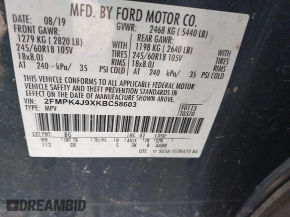 2019 Ford Edge SEL z VIN 2FMPK4J9XKBC58603, wystawiony jako IAAI lot #41814067 z przebiegiem 135 198 mil mil oraz . Historia ofert i sprzedaży dostępna na DreamBid. Obrazek 9.