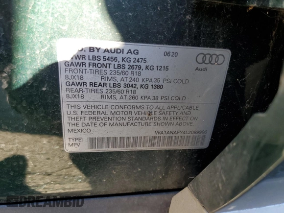 2020 Audi Q5 Premium with VIN WA1ANAFY4L2089986, listed as a Copart auction lot 60577382 with 30,040 mi miles. Bid and sale history available at carsss.com. Image 10.