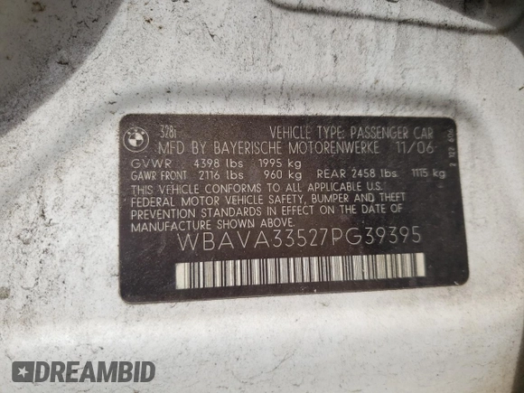 2007 BMW 3 Series 328i with VIN WBAVA33527PG39395, listed as a Copart auction lot 61638825 with 120,130 mi miles and Salvage title. Bid and sale history available at DreamBid. Image 12.