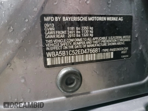 2014 BMW 5 Series 535i with VIN WBA5B1C52ED476681, listed as a Copart auction lot 47483375 with 136,611 mi miles and Salvage Title. Bid and sale history available at carsss.com. Image 12.