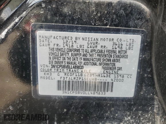 2020 Nissan Kicks S with VIN 3N1CP5BV0LL489833, listed as a Copart auction lot 46720205 with 89,602 mi miles and Salvage Title. Bid and sale history available at carsss.com. Image 12.