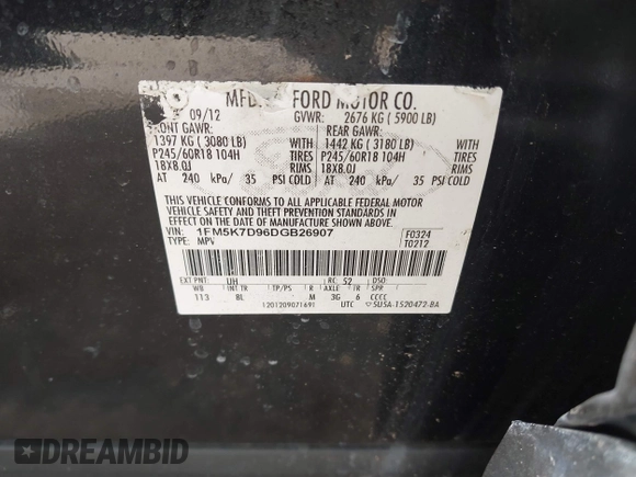 2013 Ford Explorer XLT с VIN 1FM5K7D96DGB26907, выставлен на аукционе IAAI как лот 42509047 с пробегом 157 544 миль миль и . История ставок и продаж доступна на DreamBid. Изображение 9.