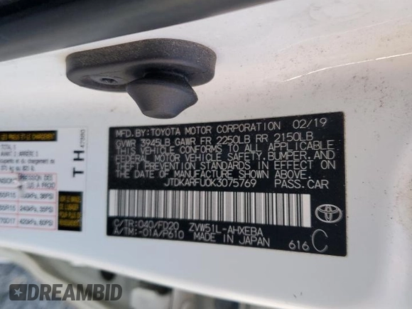 2019 Toyota Prius L Eco with VIN JTDKARFU0K3075769, listed as a Copart auction lot 88217545 with 257,689 mi miles and Salvage title. Bid and sale history available at DreamBid. Image 12.